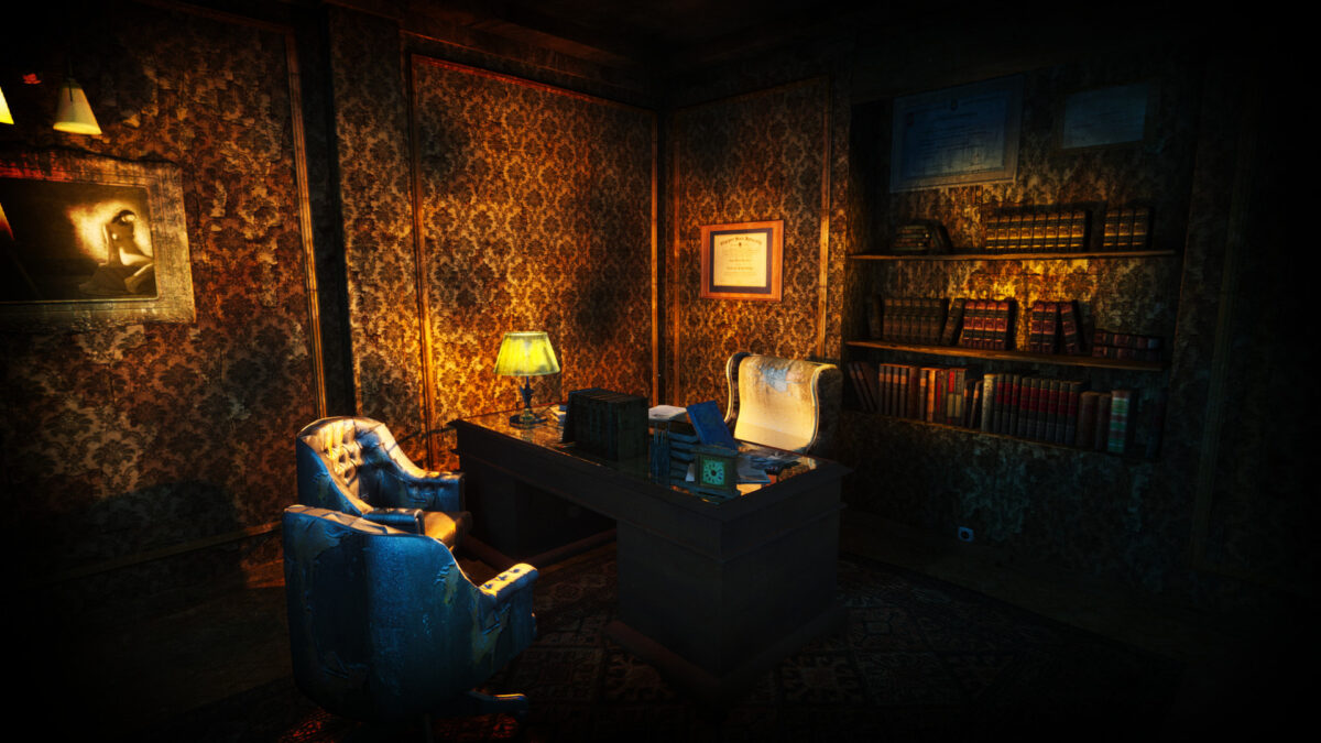 A wood-panelled doctor office with a desk, lamp and bookshelves inside the asylum