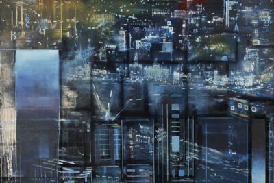 Anders Moseholm, Deep Surface (2007), oil on canvas — atmospheric urban cityscape in muted grays