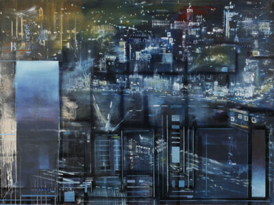 Anders Moseholm, Deep Surface (2007), oil on canvas — atmospheric urban cityscape in muted grays