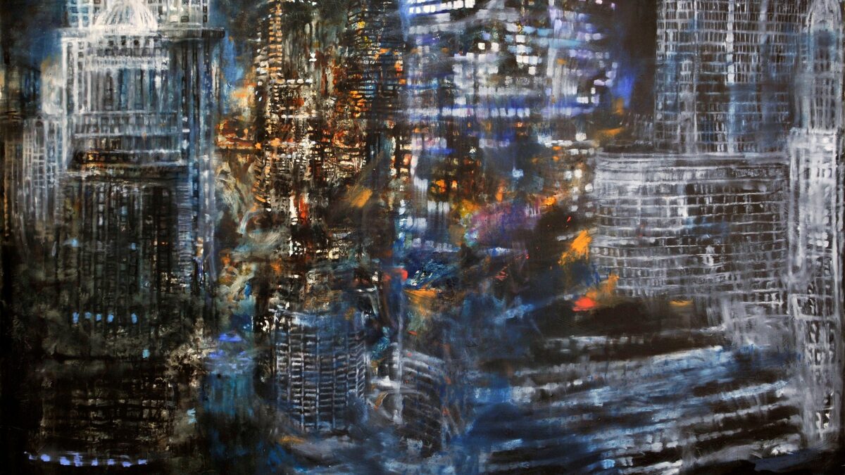 Anders Moseholm, Reflection and Destruction (2012), oil on canvas — blurred urban forms in black and white