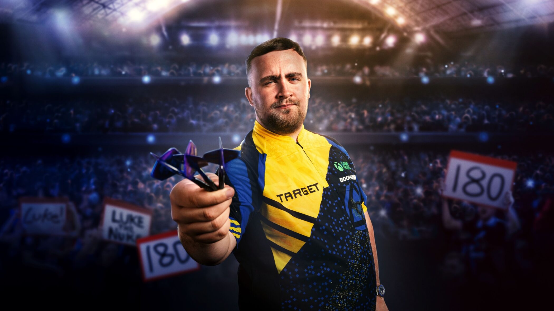 Luke Littler holding darts, Beat Luke Littler on Netflix