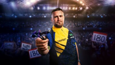 Luke Littler holding darts, Beat Luke Littler on Netflix