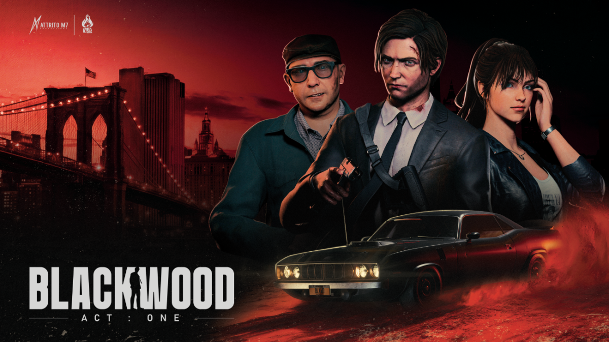 BLACKWOOD Act 1 promo art showing Anton and crew in front of the Brooklyn Bridge