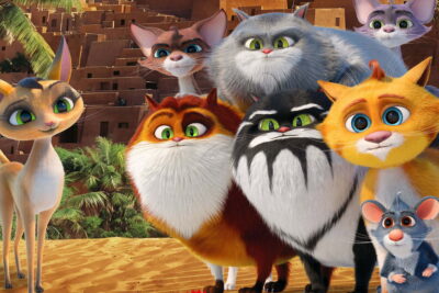 A scene from Vasily Rovensky's animated sequel Cats in the Museum 2: Treasures of Egypt, with the museum's cats and a mouse in an Egyptian desert.
