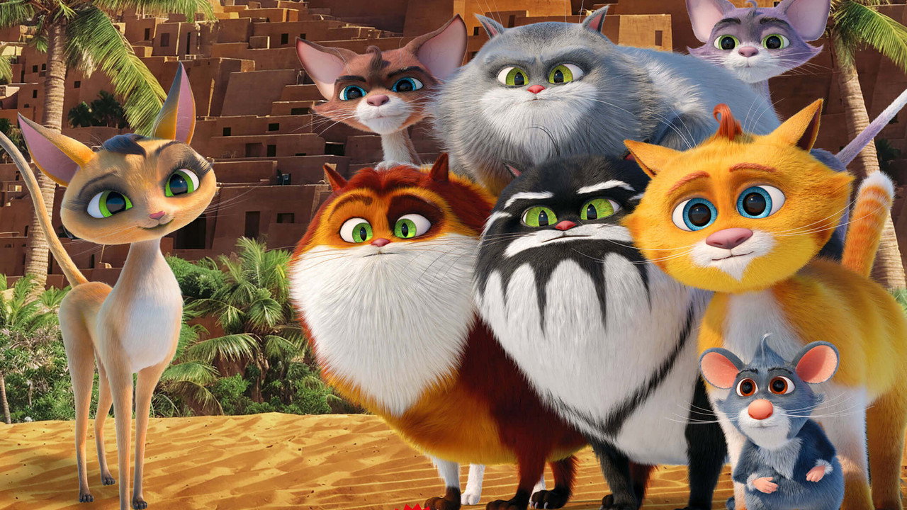 A scene from Vasily Rovensky's animated sequel Cats in the Museum 2: Treasures of Egypt, with the museum's cats and a mouse in an Egyptian desert.