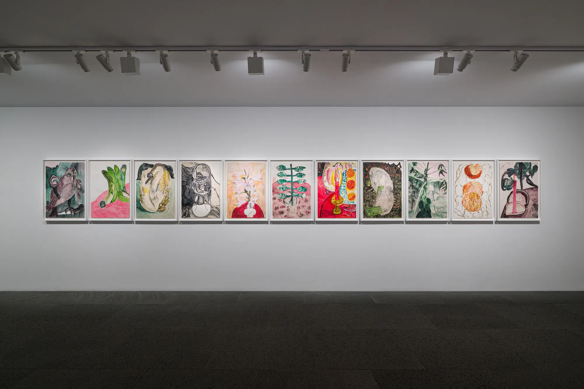 Installation view of Chiu Wei-Hsiang Toil and Soil at gdm Hong Kong showing a row of framed acrylic-on-paper works