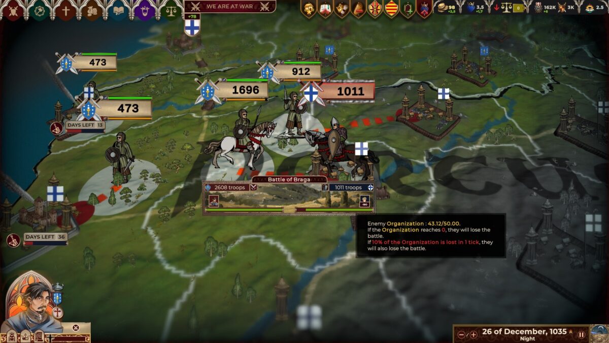 Crown of Hispania battle scene showing army units clashing at Braga with troop strength indicators