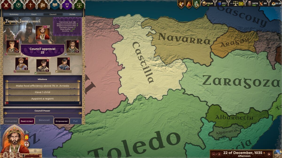 Crown of Hispania council screen showing advisor portraits and missions with the Iberian map in background