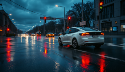 Rain-slicked London street at dusk with a single white electric vehicle at a traffic signal — autonomous taxi concept illustration