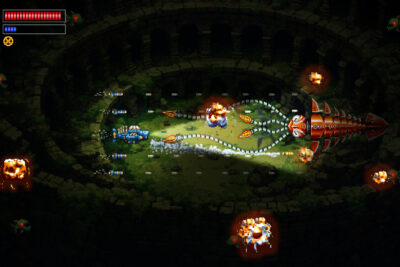 A submarine fires on a segmented mechanical boss in a sunken arena in Earth Atlantis Abyss