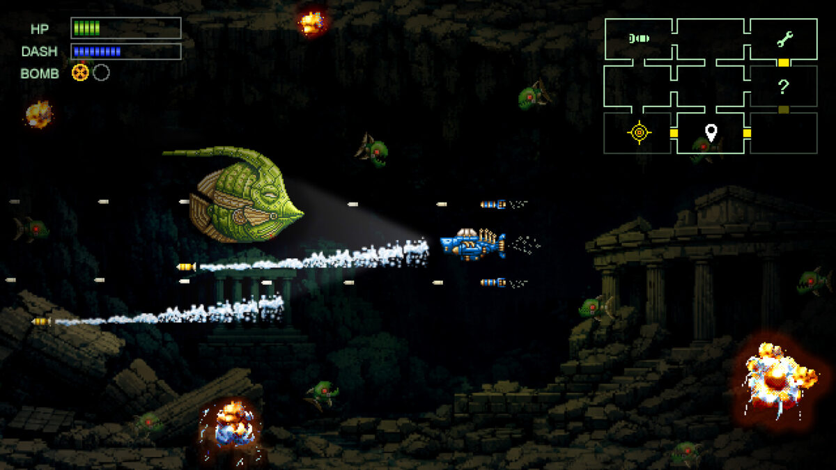 The submarine spotlight cuts through darkness beside sunken temple ruins in Earth Atlantis Abyss