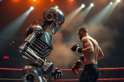 AI-generated illustration of a chrome humanoid robot facing a human MMA fighter in a cage