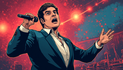 Comic-style illustration of Gil Cerezo, frontman of Kinky, singing on stage