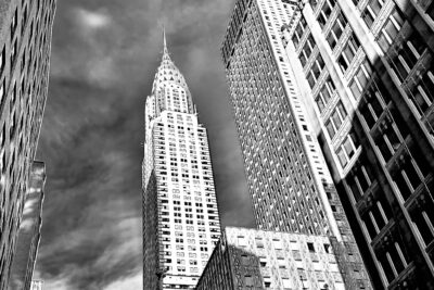 Chrysler Building photographed looking up, black and white, from James Bacchi's photography book IN THE SKY