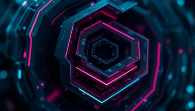 Abstract geometric tunnel with layered neon-lit architecture representing Java memory management