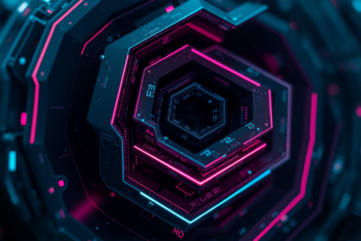 Abstract geometric tunnel with layered neon-lit architecture representing Java memory management