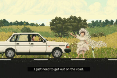A hitchhiker in a wedding dress flags down a white sedan on a country road in Keep Driving
