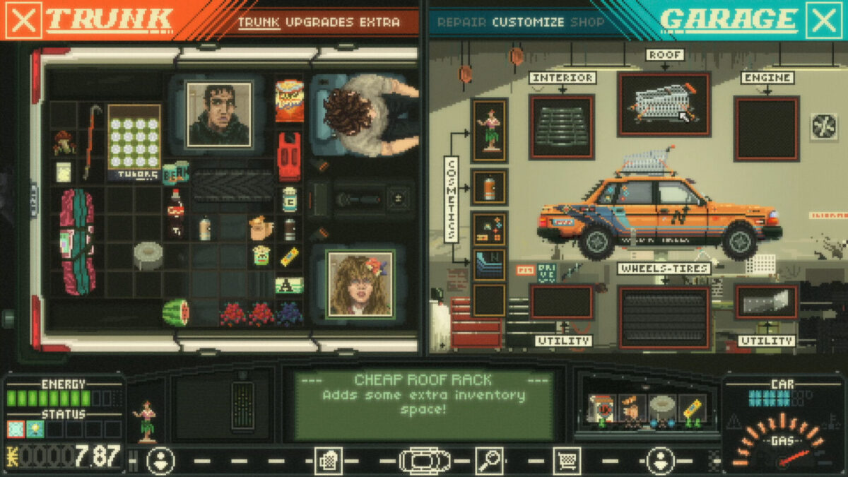 The trunk inventory and garage customisation screens with a taxi being upgraded in Keep Driving