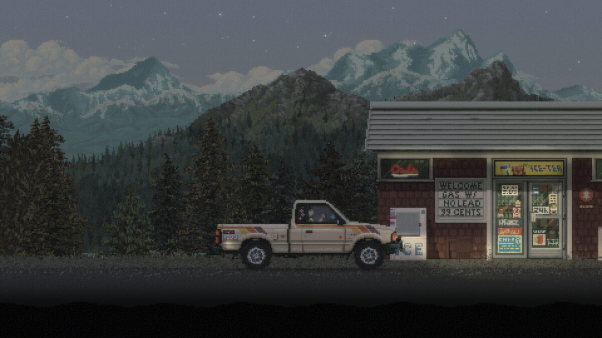 A pickup truck parked at a roadside gas station beneath snowy mountains at dusk in Keep Driving