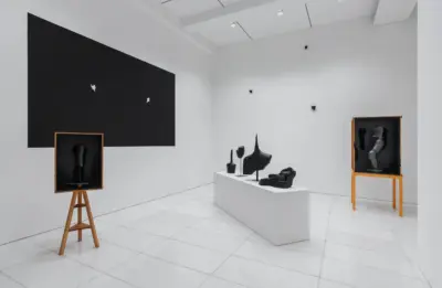 Installation view of KIM Inbai A Man Asleep at Arario Gallery Seoul showing dark sculptures and wooden boxes with blind tactile sculptures