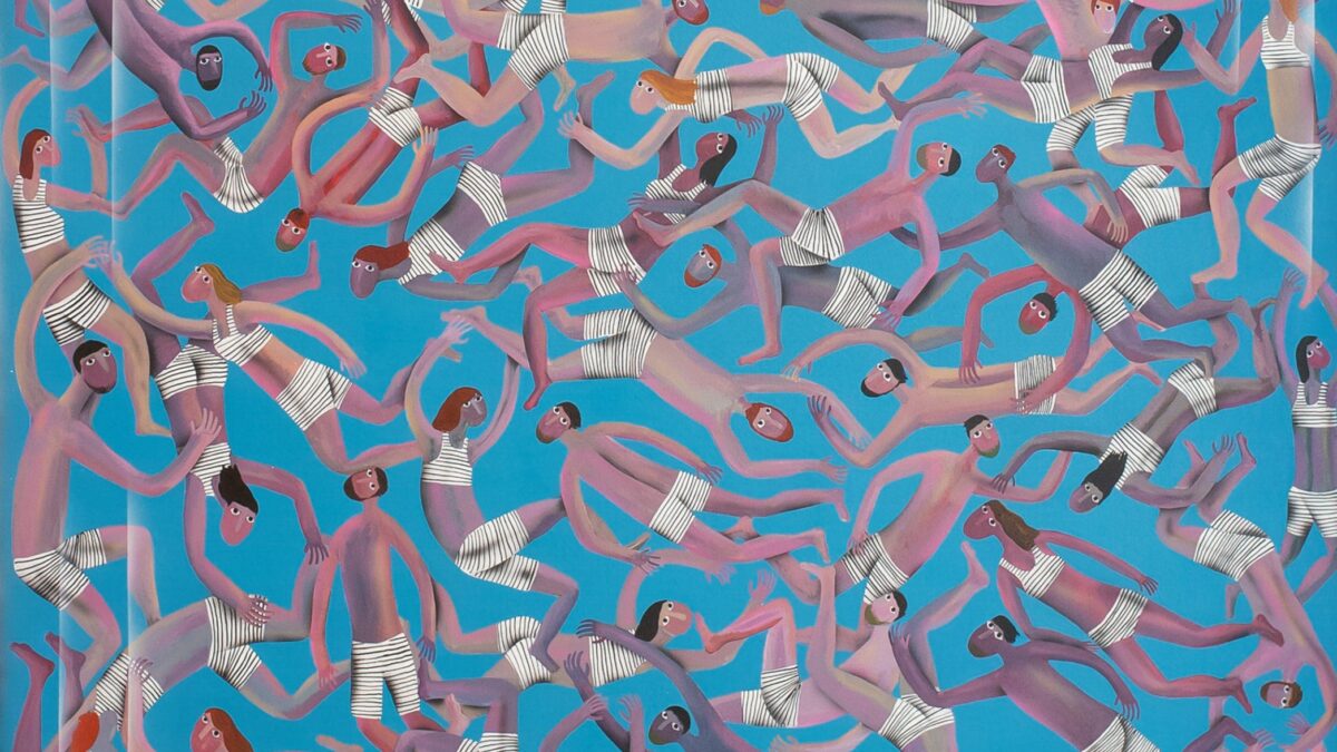 Kitti Narod painting of figures in striped clothing floating in blue water