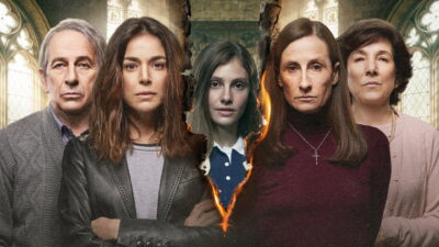The Sardá family posed against cathedral stained-glass windows in the key art for the Prime Video series Cathedrals