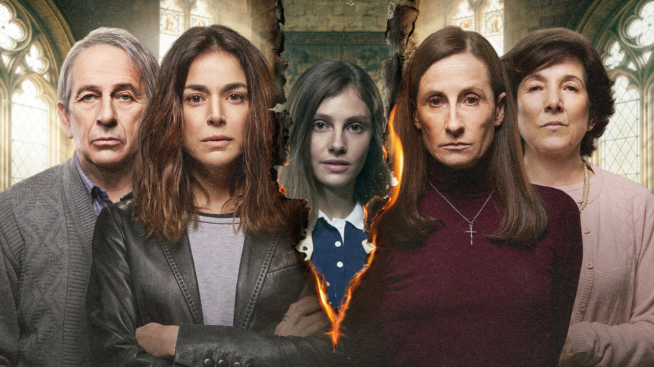 The Sardá family posed against cathedral stained-glass windows in the key art for the Prime Video series Cathedrals