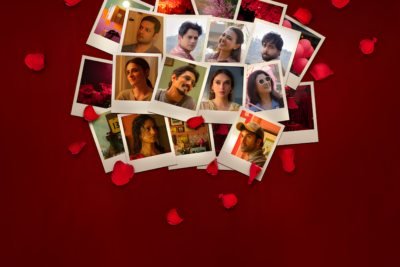 Polaroids of the Lust Stories 3 cast scattered on a red background with rose petals