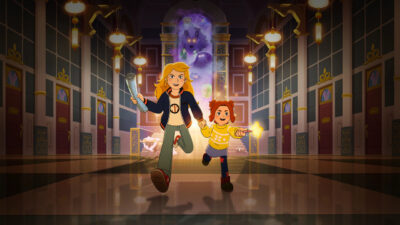 Animated sisters Sabrina and Daphne Grimm run hand in hand through a grand hallway in The Sisters Grimm key art