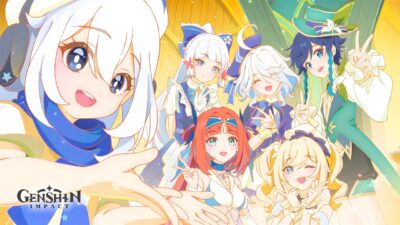 Paimon, Venti, Furina, Kamisato Ayaka, Barbara and Nilou on stage in the Genshin Impact sixth-anniversary video for A Letter from the Wind