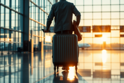 An anonymous traveler pulls a carry-on suitcase through an airport departure hall at sunrise, passport in hand