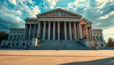 Neoclassical government building exterior with marble columns and stone steps, afternoon light raking across the facade — illustrating the Federal Reserve's institutional weight