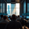 Anonymous traders seated at workstations on a trading floor, screens glowing in early-morning light, financial district visible through floor-to-ceiling windows — illustrating the August jobs report and Federal Reserve rate decision.
