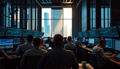 Anonymous traders seated at workstations on a trading floor, screens glowing in early-morning light, financial district visible through floor-to-ceiling windows — illustrating the August jobs report and Federal Reserve rate decision.