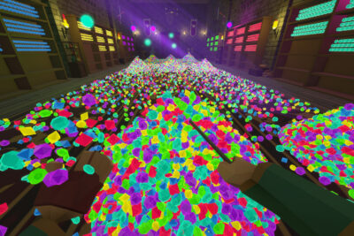 A great hall of the castle buried under mountains of multicoloured gems, seen in first person