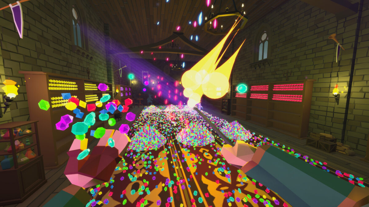 The wizard casts a Fireball spell across a hall full of gem piles