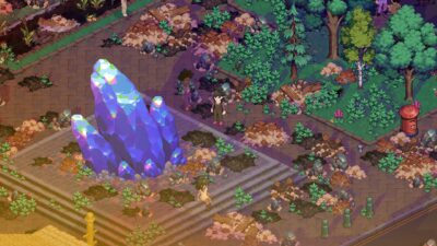 A giant violet meteor crystal rises from the ruined village square in Moonfrost