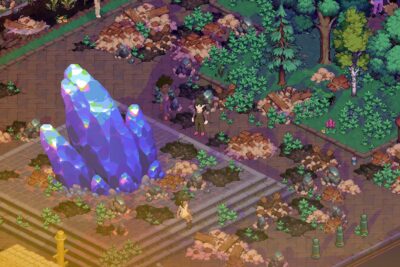 A giant violet meteor crystal rises from the ruined village square in Moonfrost
