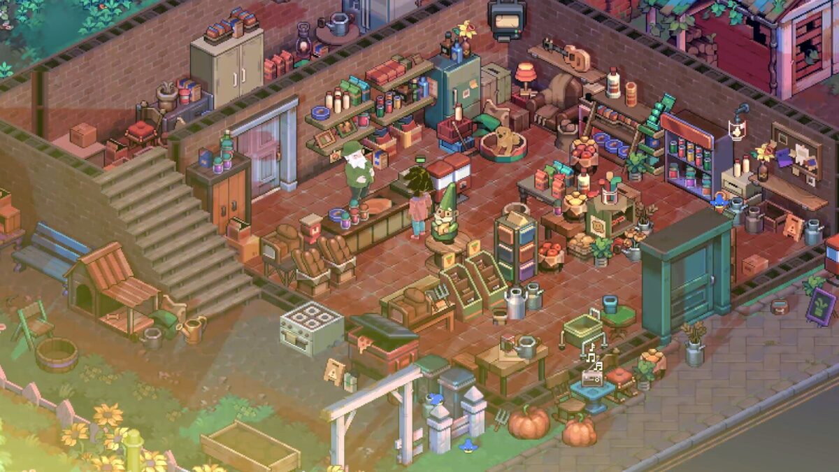 A restored general store packed with goods and villagers in Moonfrost