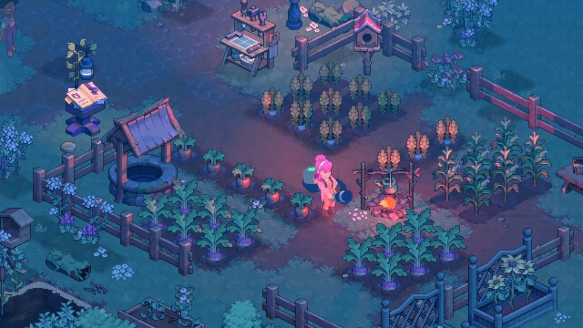 The player tends crops beside a campfire and well on a moonlit farm in Moonfrost