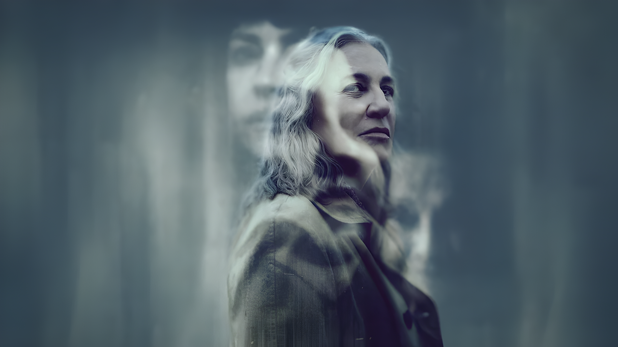 Mercedes Moran with a ghostly face behind her, from the Netflix series My Sad Dead