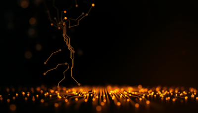 Abstract editorial image: circuit tree rising from amber lights, dissolving into darkness — AI disconnection from classrooms