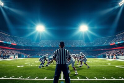 Referee watching an American football line of scrimmage under stadium floodlights