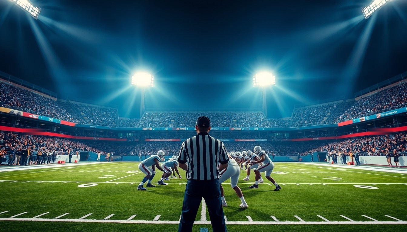 Referee watching an American football line of scrimmage under stadium floodlights