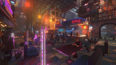 A crowded neon-lit night market and noodle bar in the cyberpunk city of Nivalis