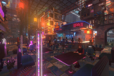 A crowded neon-lit night market and noodle bar in the cyberpunk city of Nivalis