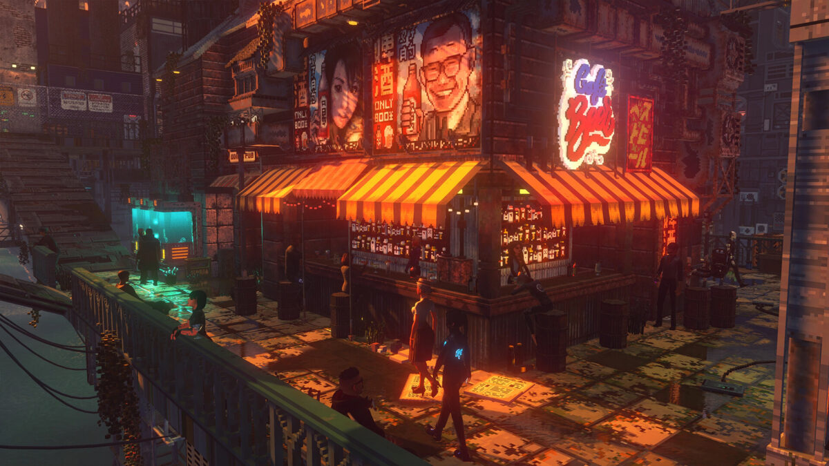 A small noodle stall with striped awnings under neon signs in Nivalis