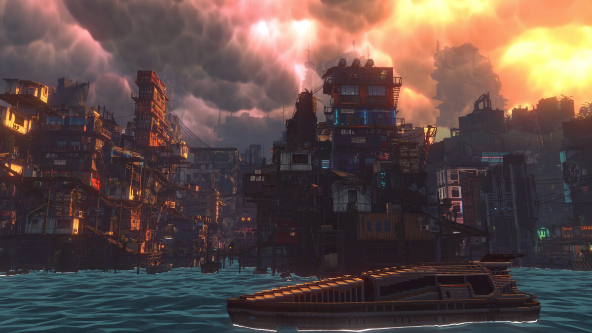 A boat on the open sea beneath the stacked towers of Nivalis at dusk