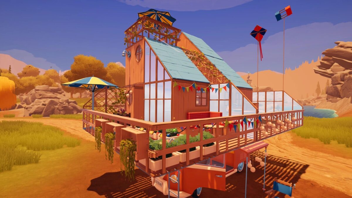 A player-built wooden structure with greenhouse roof on a vehicle platform in Outbound autumn biome