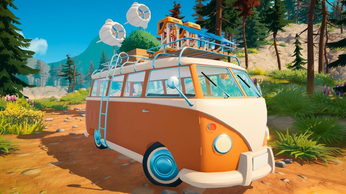 Customised orange and cream camper van parked on a dirt trail in a sunlit forest in Outbound
